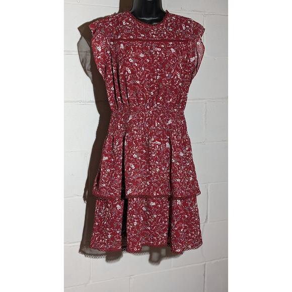 Citrus Dresses & Skirts - Citrus Tiered Ruffled Dress Floral Print Maroon Smocked Waist Sleeveless Small